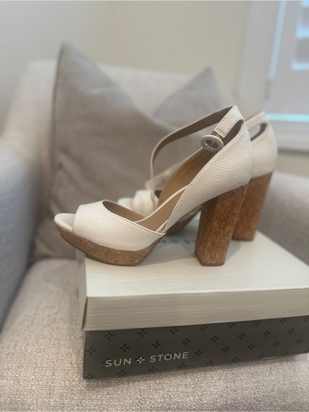 Sun + Stone Ivory Textured Platform Cork Block Heels